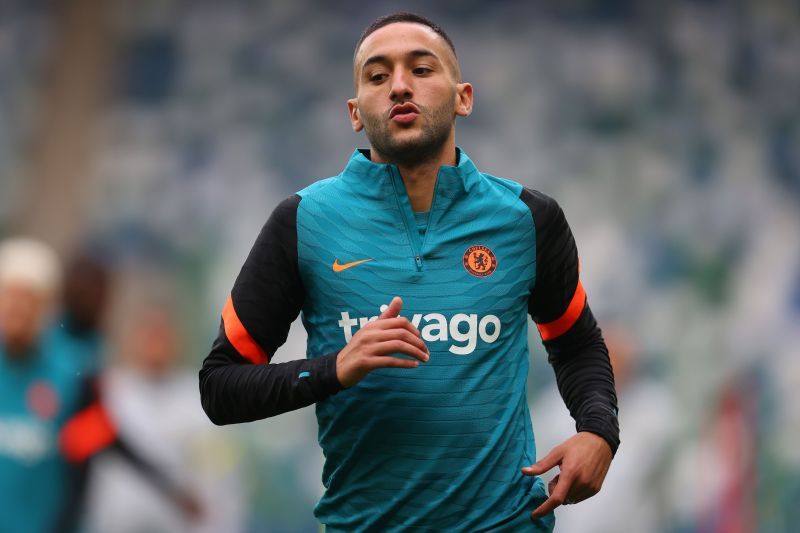 Chelsea forward Hakim Ziyech warms up ahead of a club fixture