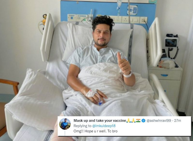 KKR left-arm spinner Kuldeep Yadav after his surgery. Pic: Kuldeep Yadav/ Twitter