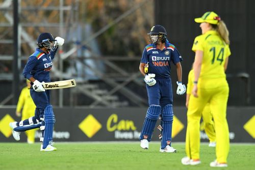 Meghna Singh and Jhulan Goswami (right) after India's victory against Australia. Pic: Getty Images