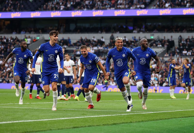 Chelsea players celebrate after Thiago Silva scored their first goal against Tottenham Hotspur.