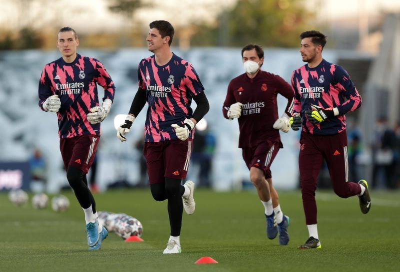 Andriy Lunin, Thibaut Courtois and Diego Altube of Real Madrid