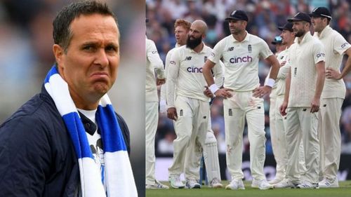 Michael Vaughan (L) and the England team at The Oval.