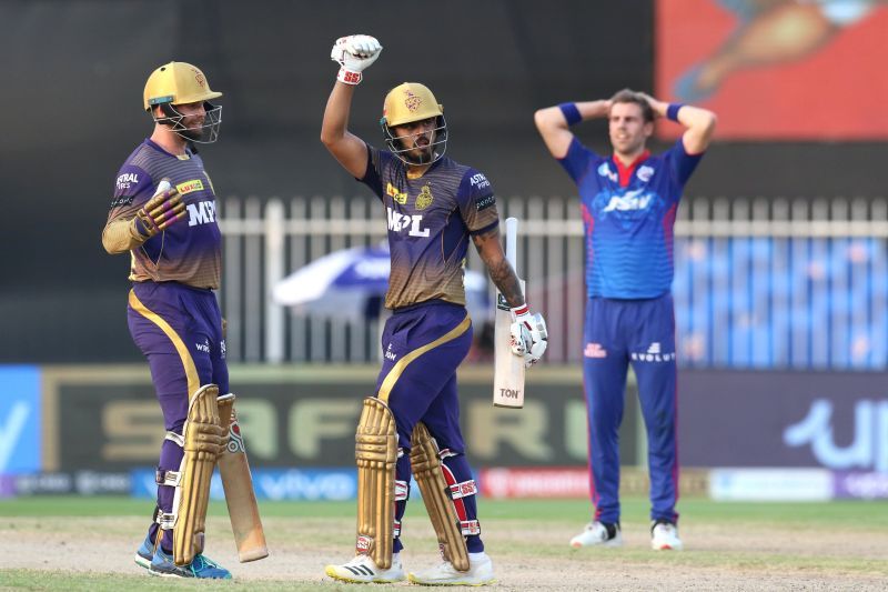 Nitish Rana (R) and Lockie Ferguson (L) celebrate KKR's fifth win of the tournament [Credits: IPL]