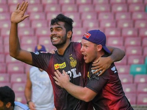 Venkatesh Iyer (left) enjoying during a training session with KKR (Image Courtesy: Twitter)