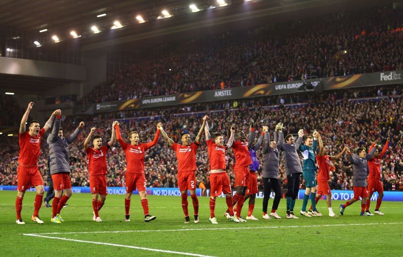 Liverpool celebrate their UEFA Europa League Quarter Final win over Borussia Dortmund.