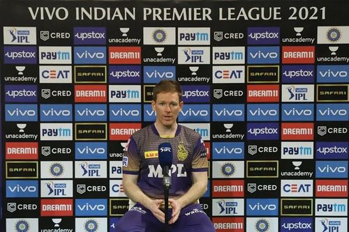 Eoin Morgan at the post-match presentation ceremony