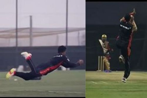 Sachin Baby (Left) and Navdeep Saini (Right) training for RCB ahead of second leg of the 2021 IPL (PC: RCB Instagram)