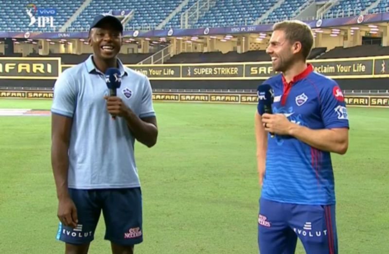 Delhi Capitals (DC) fast bowlers Kagiso Rabada and Anrich Nortje. Pic: IPLT20.COM