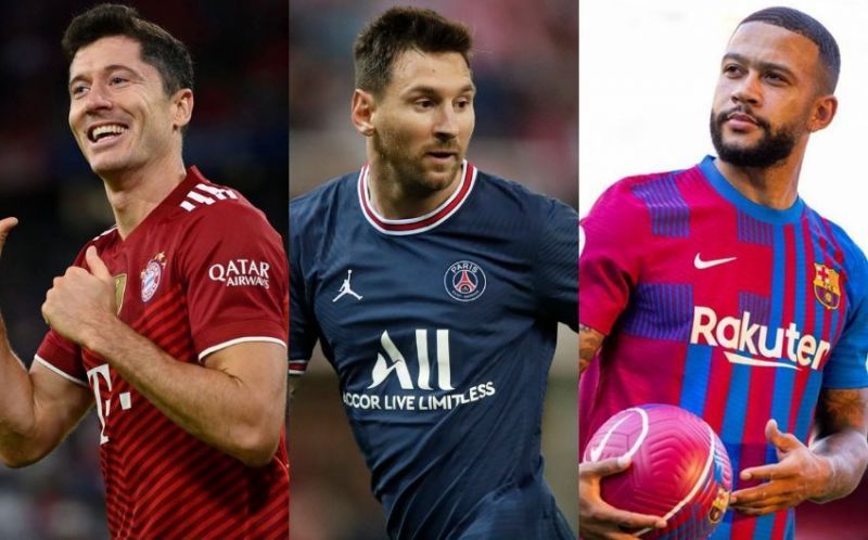 Bayern Munich&#039;s Robert Lewandowski, PSG&#039;s Lionel Messi and Barcelona&#039;s Memphis Depay