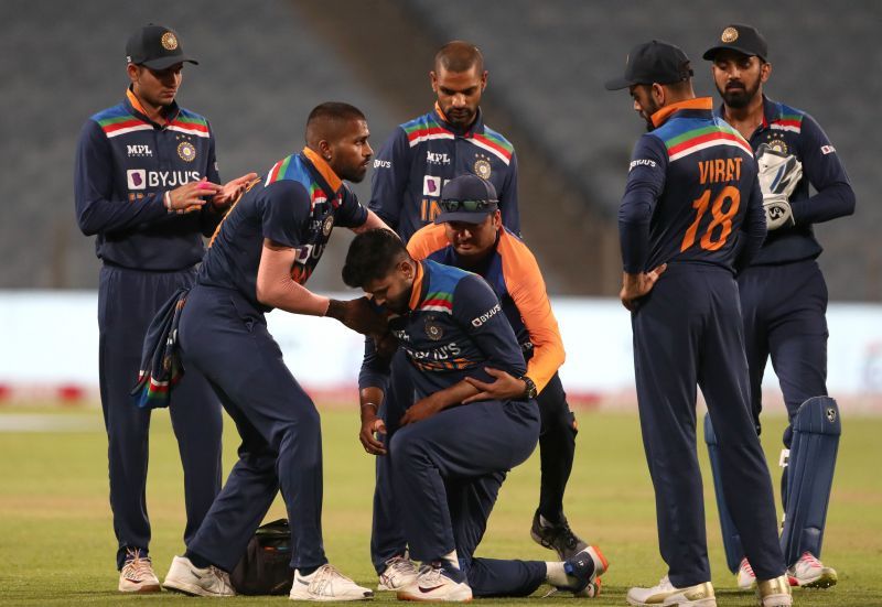 Shreyas Iyer (centre) had suffered a serious shoulder injury during the limited overs series against England.