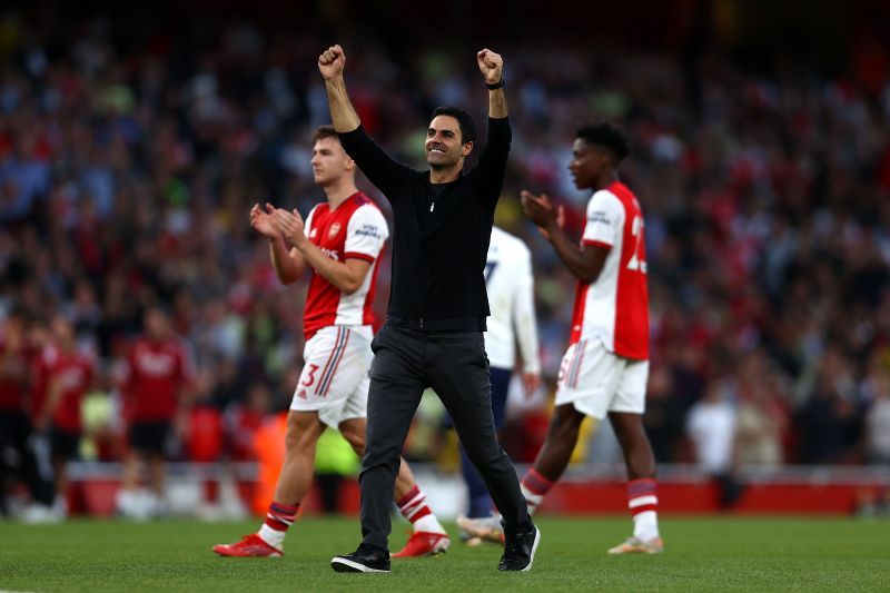 Arsenal manager Mikel Arteta celebrates the win over Tottenham Hotspur.