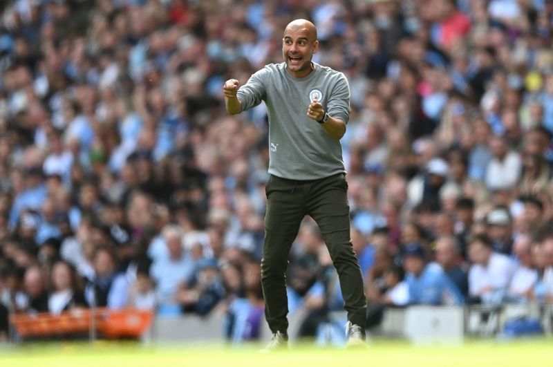 Pep Guardiola celebrates Bernardo Silva&#039;s goal.