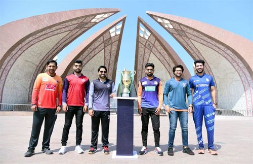 The captains of the six teams pose with the National T20 Cup 2021 trophy