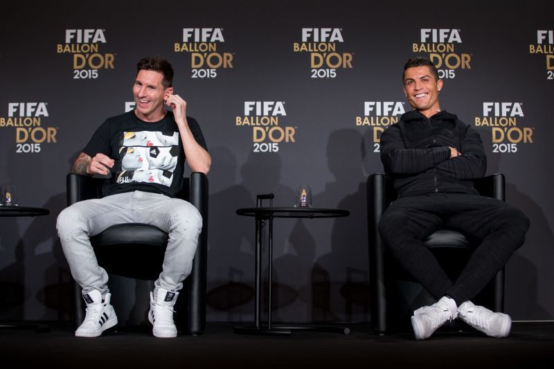 Lionel Messi (left) and Cristiano Ronaldo at the 2015 FIFA Ballon d&#039;Or Gala.