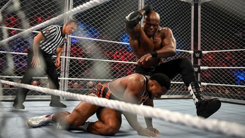 Bobby Lashley in action against Big E in the steel cage match