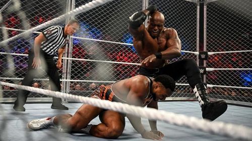 Bobby Lashley in action against Big E in the steel cage match