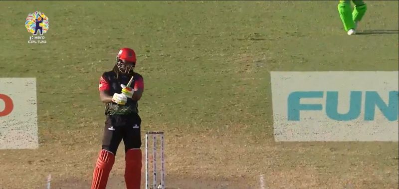 Chris Gayle was left only with the handle of the bat in his hand (p/c CPL T20)