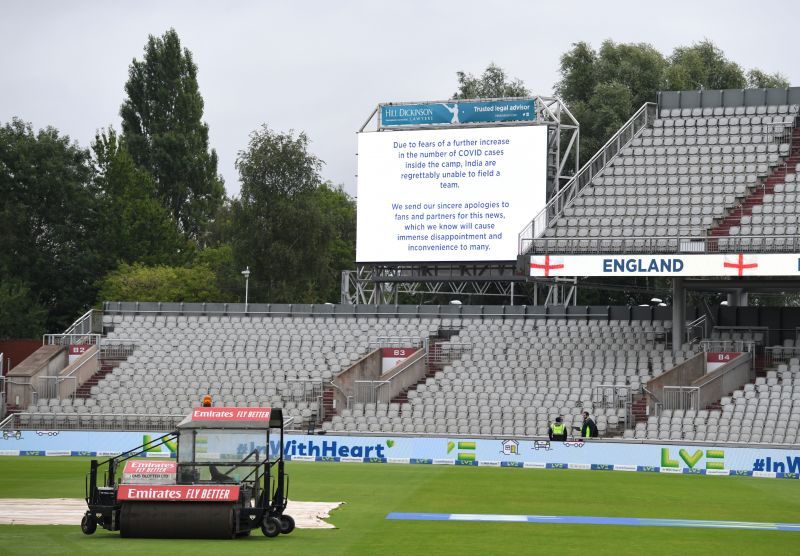The giant screen at Old Trafford confirms the cancellation of the fifth Test between India and England