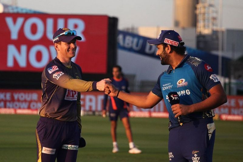 Mumbai Indians captain Rohit Sharma (right) and Kolkata Knight Riders skipper Eoin Morgan [Image-IPLT20]