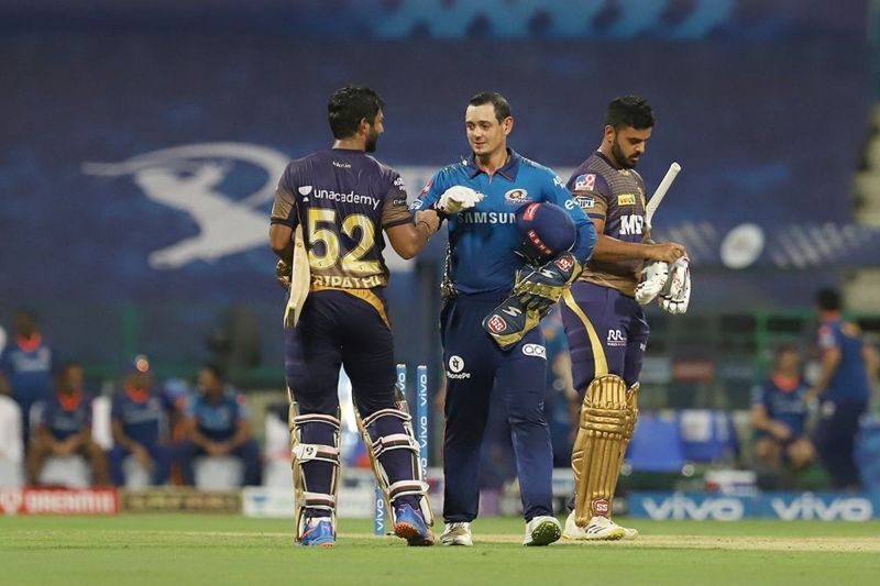 KKR&#039;s Rahul Tripathi and MI&#039;s Quinton de Kock shake hands after the match on Thursday. (PC: IPLT20.com)