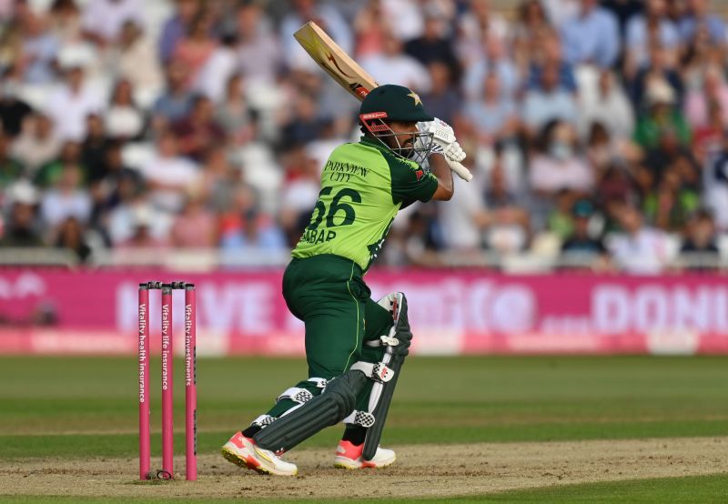 Babar Azam plays a shot through the off-side