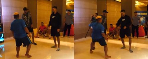 Delhi Capitals batter Shreyas Iyer (right) performing on the ‘Vaathi Coming’ song. Pic: DC/ Instagram