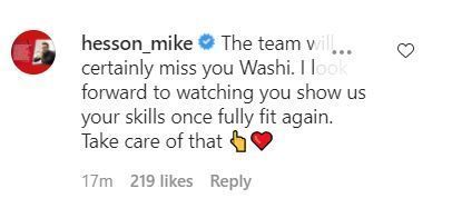 Mike Hesson's comment on Washington Sundar's Instagram post Source: Washington Sundar's Instagram