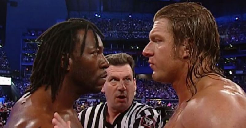 Booker T and a beardless Triple H at WrestleMania XIX