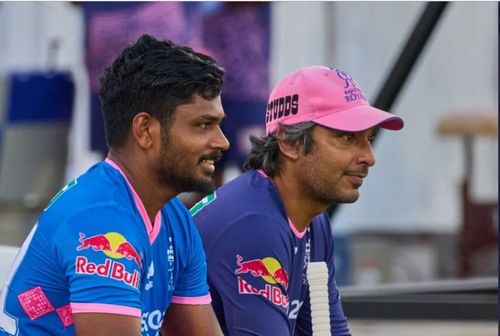 Sanju Samson sits with Kumar Sangakkara during a Rajasthan Royals training session.