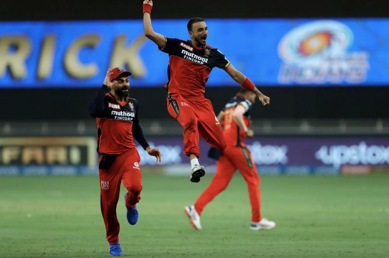Harshal Patel celebrates his IPL hat-trick against Mumbai Indians. (Photo: BCCI)