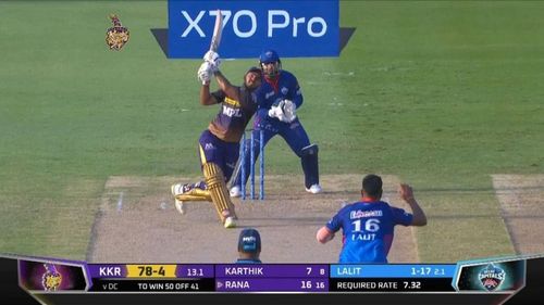 Nitish Rana's two sixes off Lalit Yadav changed the course of the game [Image- Twitter]