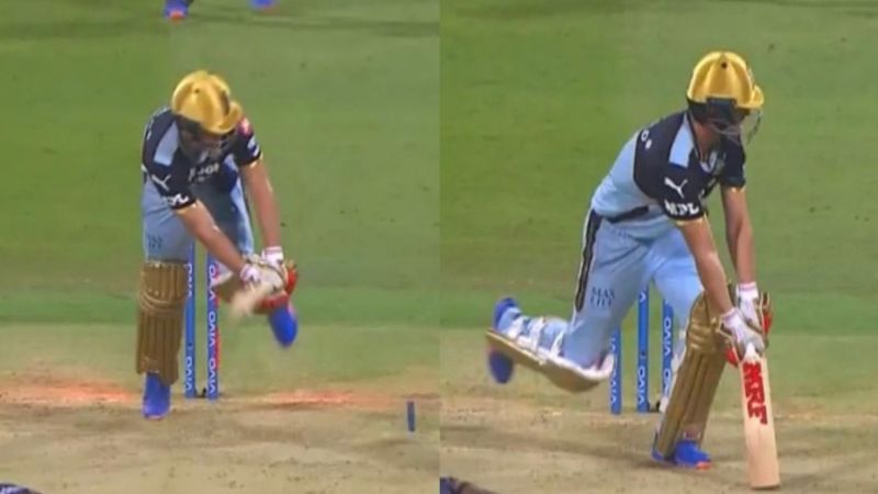 AB de Villiers stumbles as Andre Russell&#039;s yorker sneaks past his bat. (PC: IPLT20.com)