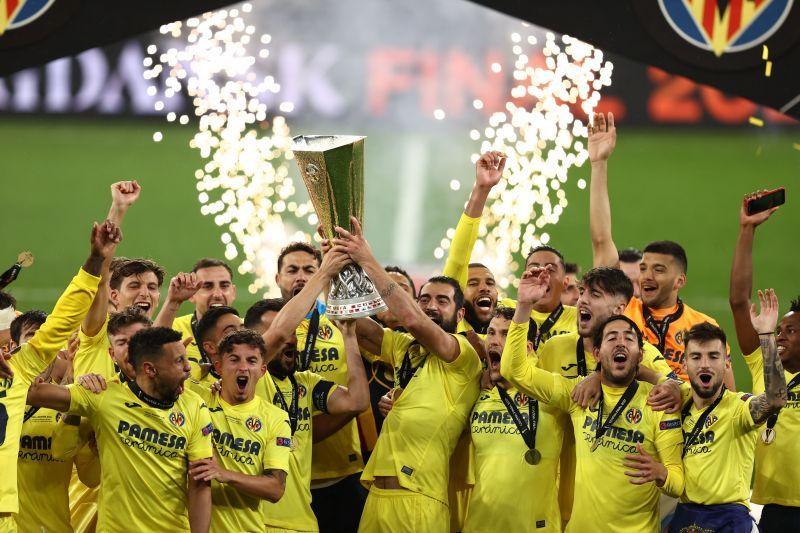 Villarreal Celebrate After Winning The UEL Trophy.