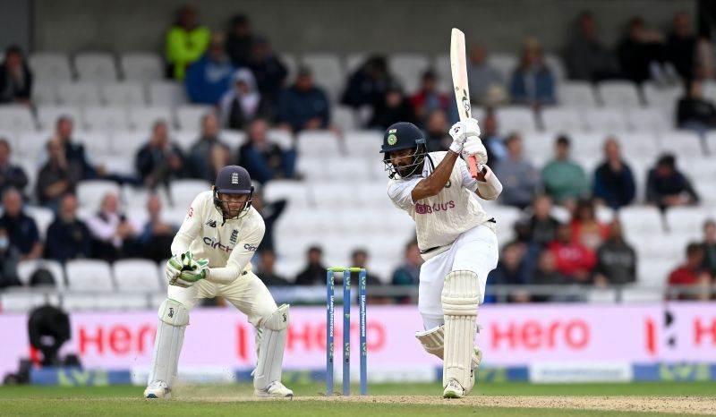 Cheteshwar Pujara drives one during his fluent 91-run knock on Day 3 of the Headingley Test