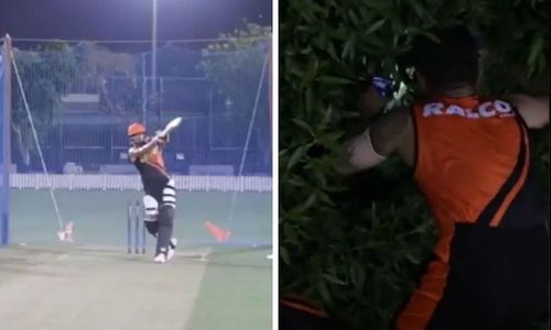 Manish Pandey fetches the ball after hitting a six in SRH training