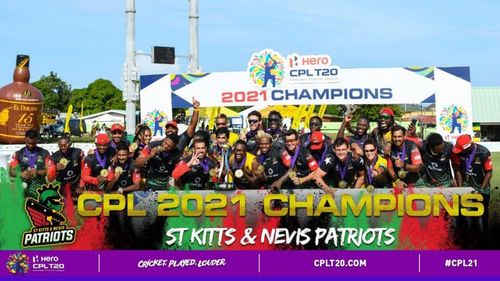 Dwayne Bravo and the rest of his St. Kitts & Nevis Patriots pose with the CPL title [Image Credit- CPLT20]