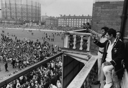 Indian captain Ajit Wadekar and Bhagwath Chandrasekhar wave to cheering crowds at the Oval after the team's historic win at the venue in 1971.