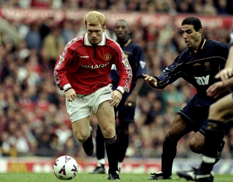 Paul Scholes of Manchester United Walid Badir of Wimbledon