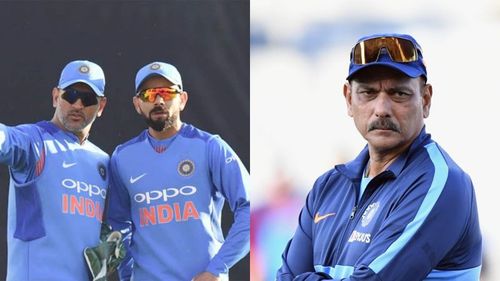 How will the MS Dhoni (L), Virat Kohli and Ravi Shastri dynamic work at the T20 World Cup?