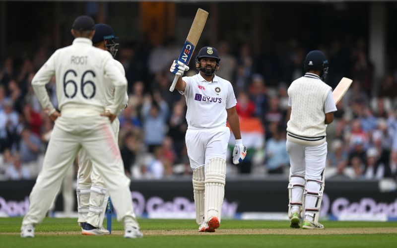 Rohit Sharma raises his bat after scoring a hundred. Pic: Getty Images