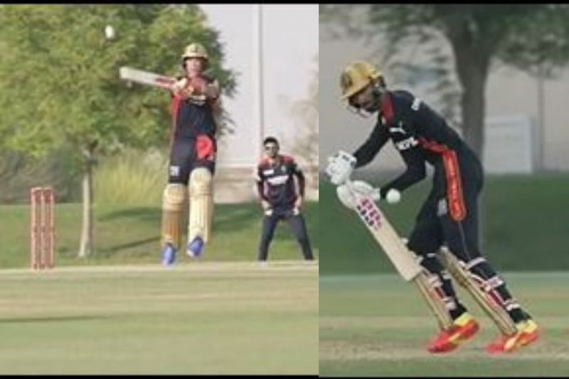 AB de Villiers (Left) and Devdutt Padikkal (Right) in action for RCB A and B respectively (PC: RCB Instagram)