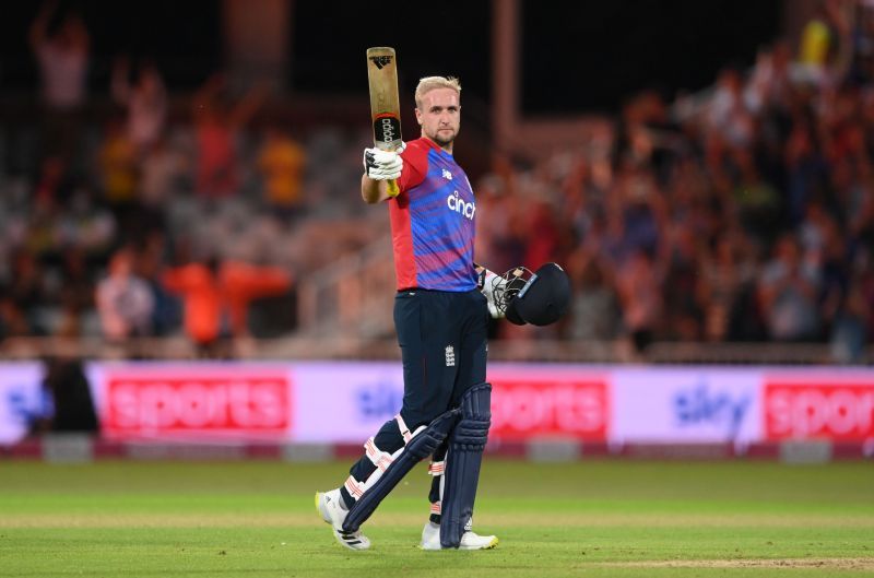England batsman Liam Livingstone reacts after his century against Pakistan