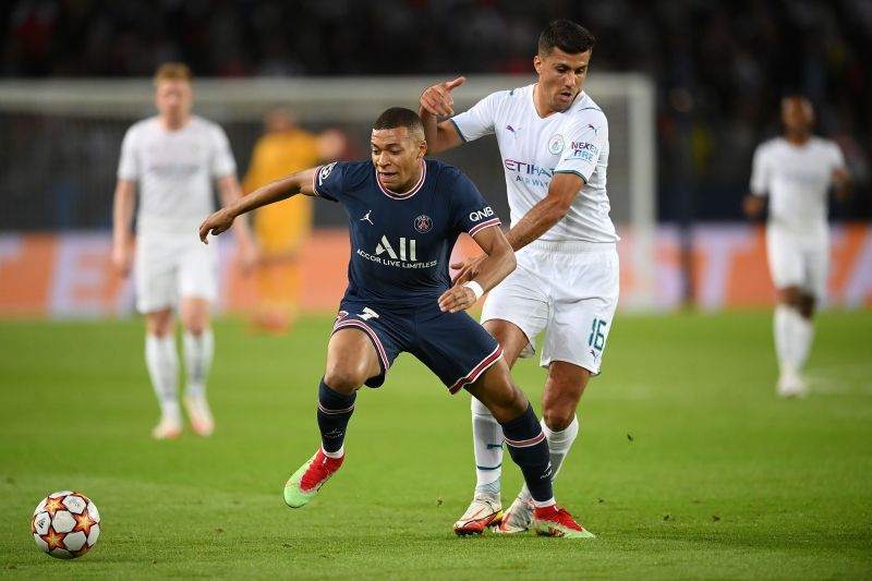 Paris Saint-Germain's Kylian Mbappe in action against Manchester City.