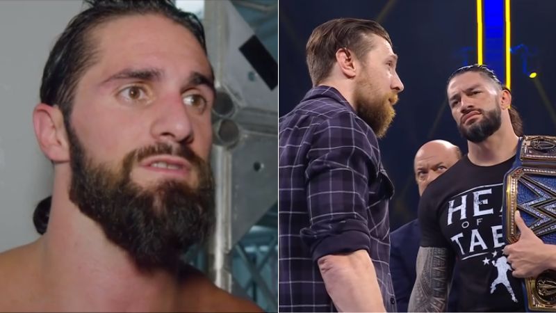 Seth Rollins (left); Daniel Bryan, Paul Heyman, and Roman Reigns (right)