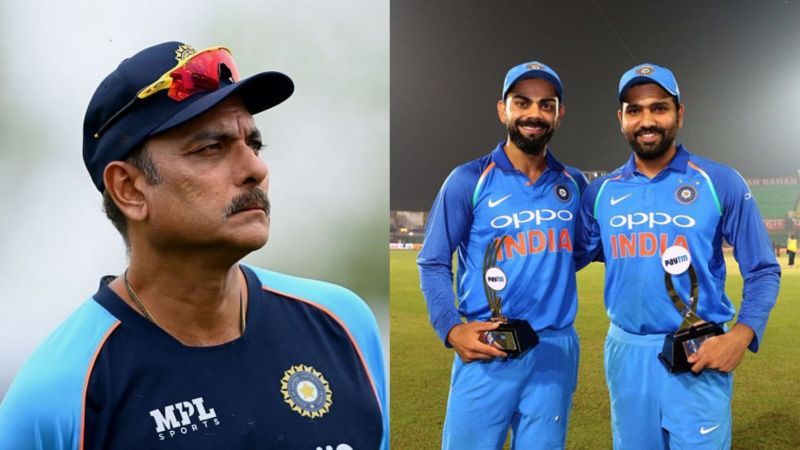 Ravi Shastri, Virat Kohli and Rohit Sharma (from left to right).