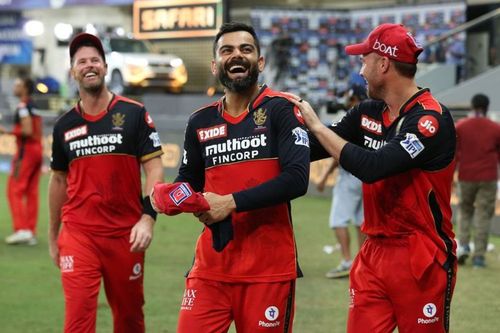 Dan Christian, Virat Kohli and AB de Villiers all smiles after RCB's win over MI. (PC: IPLT20.com)