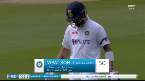 Indian skipper Virat Kohli departing in the first innings at the Oval