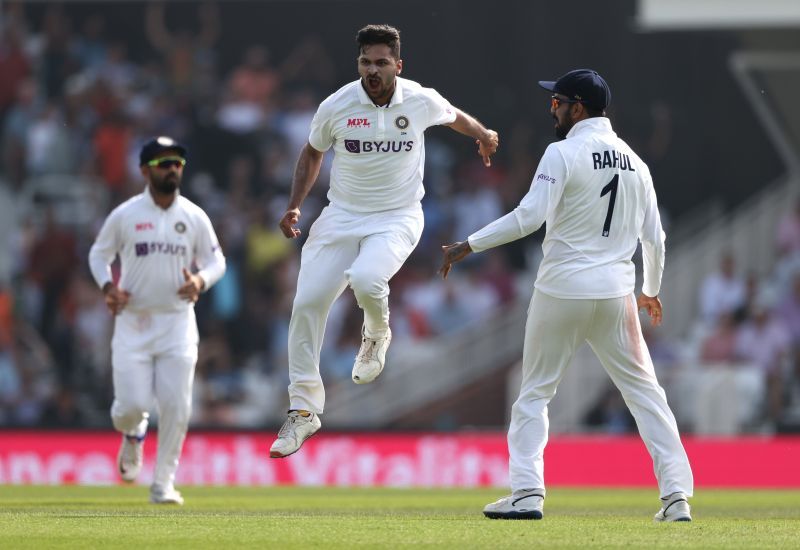 Shardul Thakur is pumped up after taking the wicket of Rory Burns. Pic: Getty Images