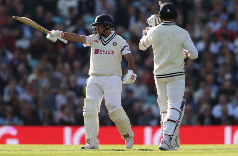 India&#039;s Shardul Thakur (left) celebrates his half century during the fourth Test against England