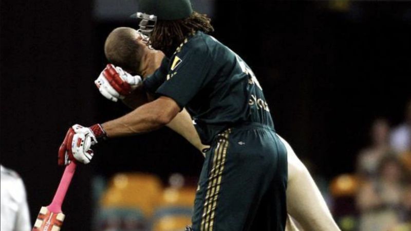 Andrew Symonds pushing a fan down at the Gabba, 2008